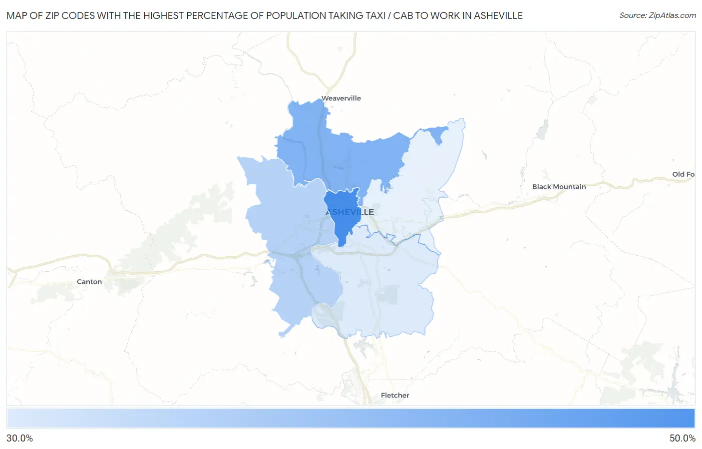 Zip Codes with the Highest Percentage of Population Taking Taxi / Cab to Work in Asheville Map