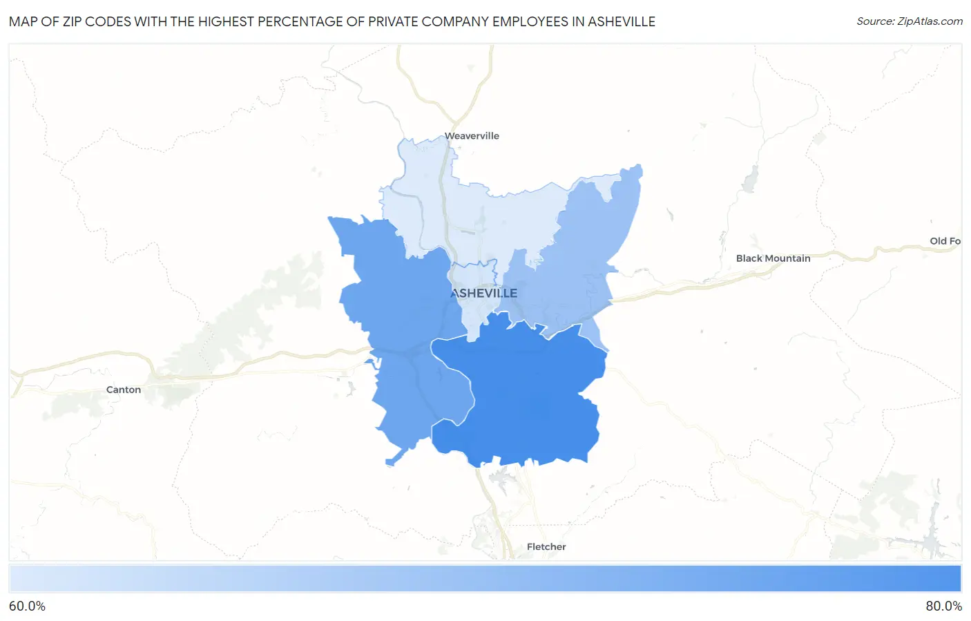 Zip Codes with the Highest Percentage of Private Company Employees in Asheville Map