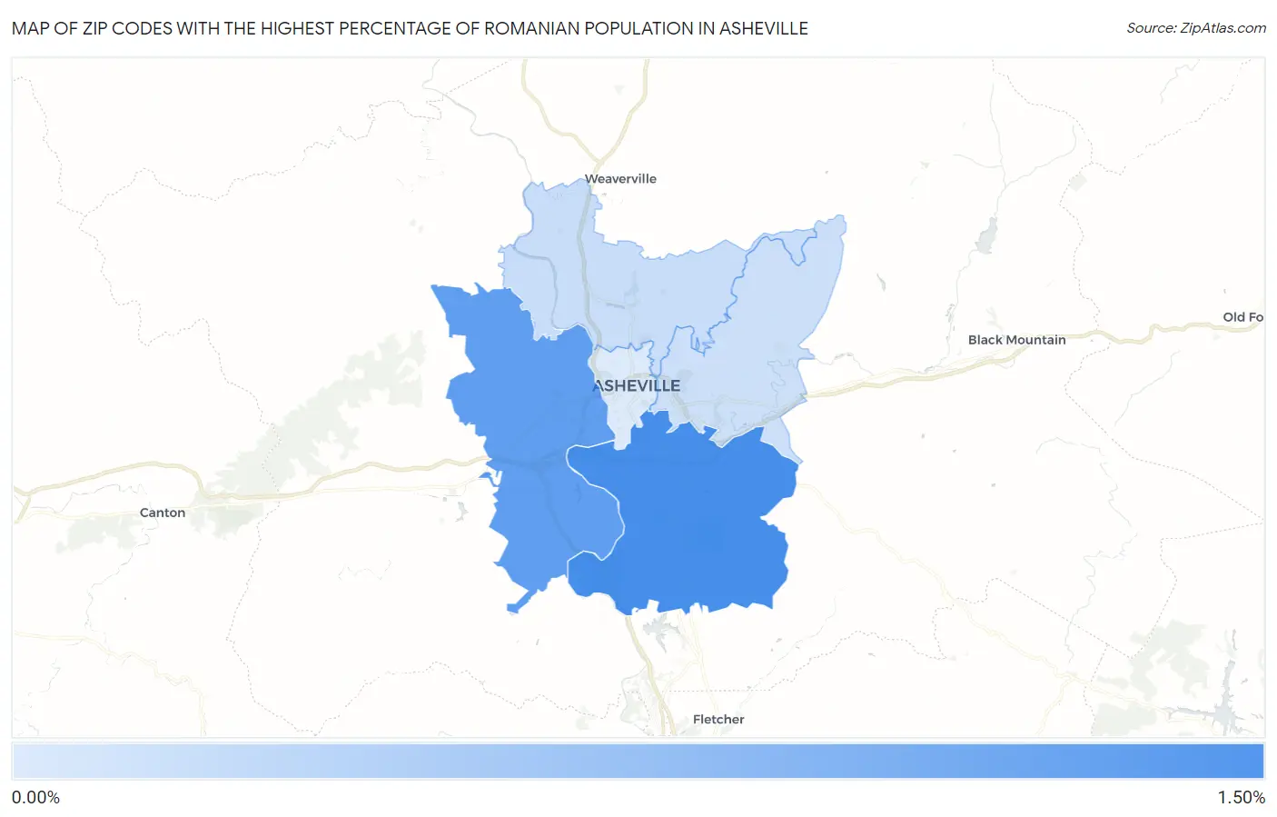 Zip Codes with the Highest Percentage of Romanian Population in Asheville Map
