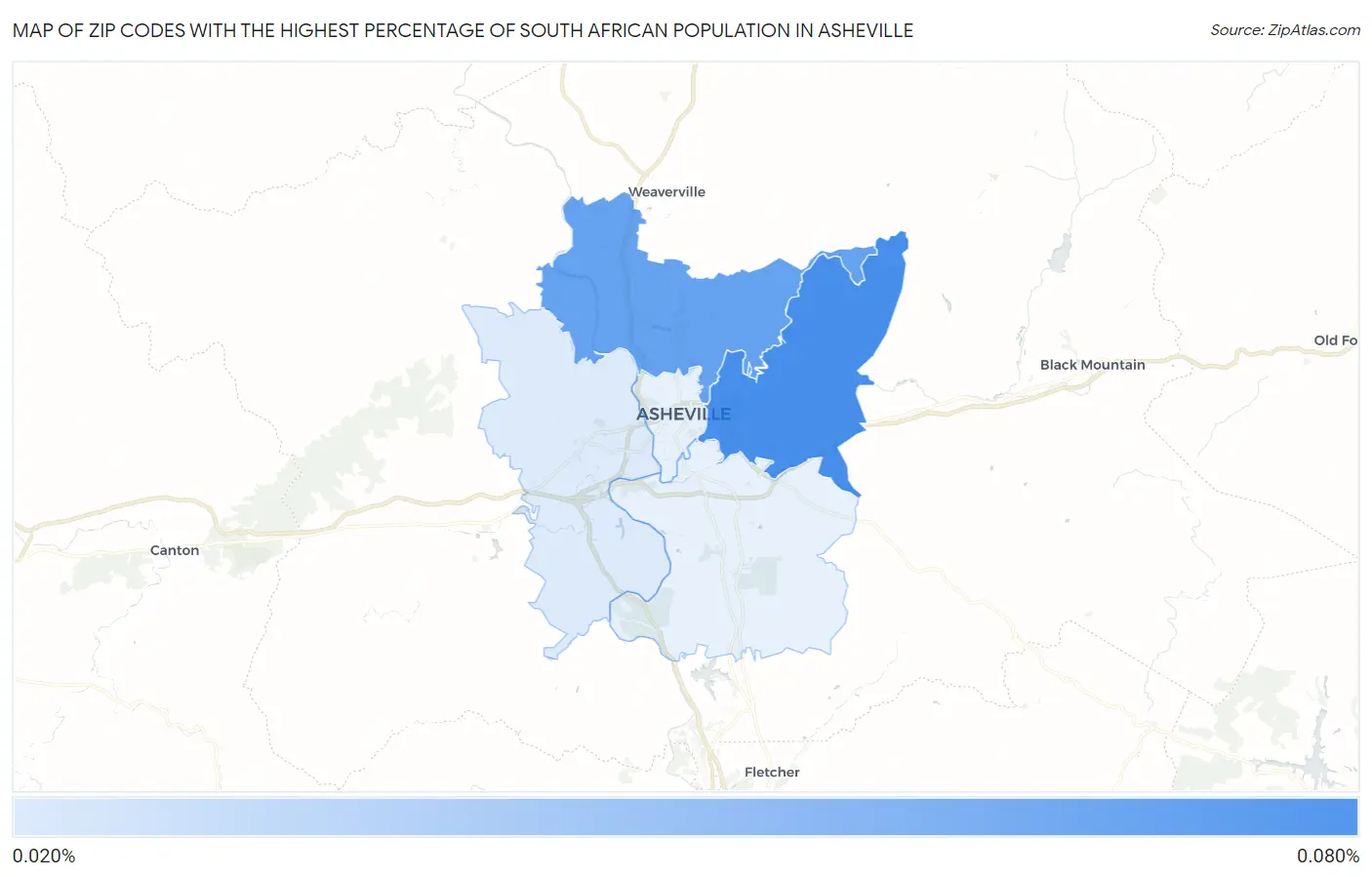 Zip Codes with the Highest Percentage of South African Population in Asheville Map