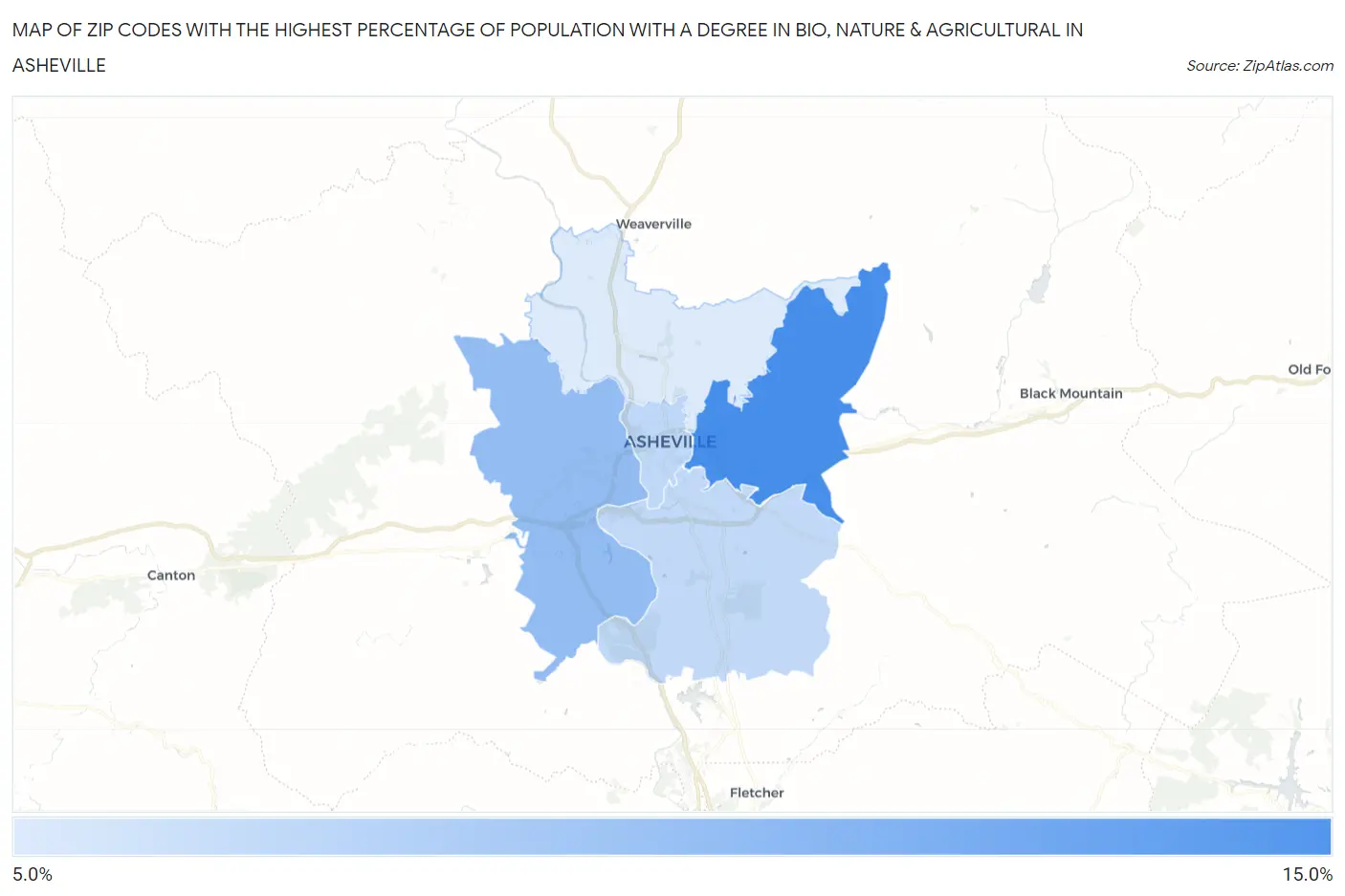 Zip Codes with the Highest Percentage of Population with a Degree in Bio, Nature & Agricultural in Asheville Map