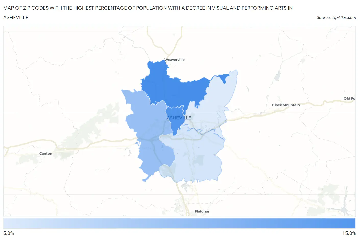 Zip Codes with the Highest Percentage of Population with a Degree in Visual and Performing Arts in Asheville Map