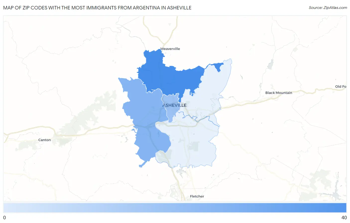 Zip Codes with the Most Immigrants from Argentina in Asheville Map