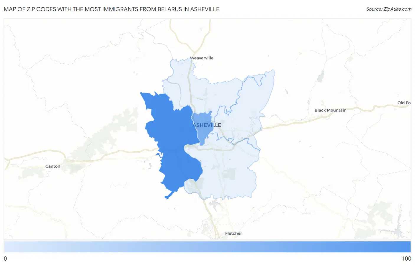 Zip Codes with the Most Immigrants from Belarus in Asheville Map