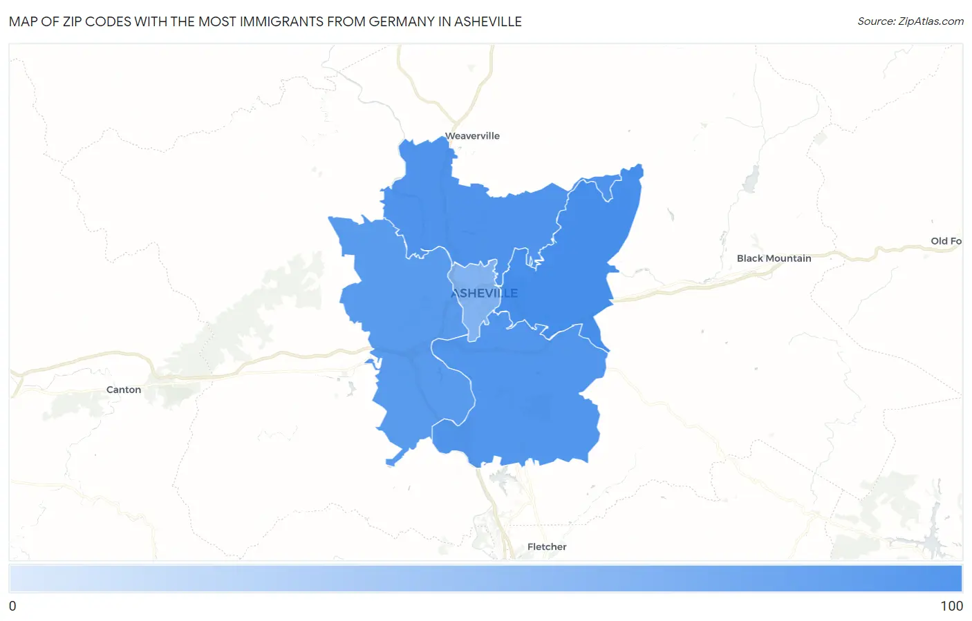 Zip Codes with the Most Immigrants from Germany in Asheville Map
