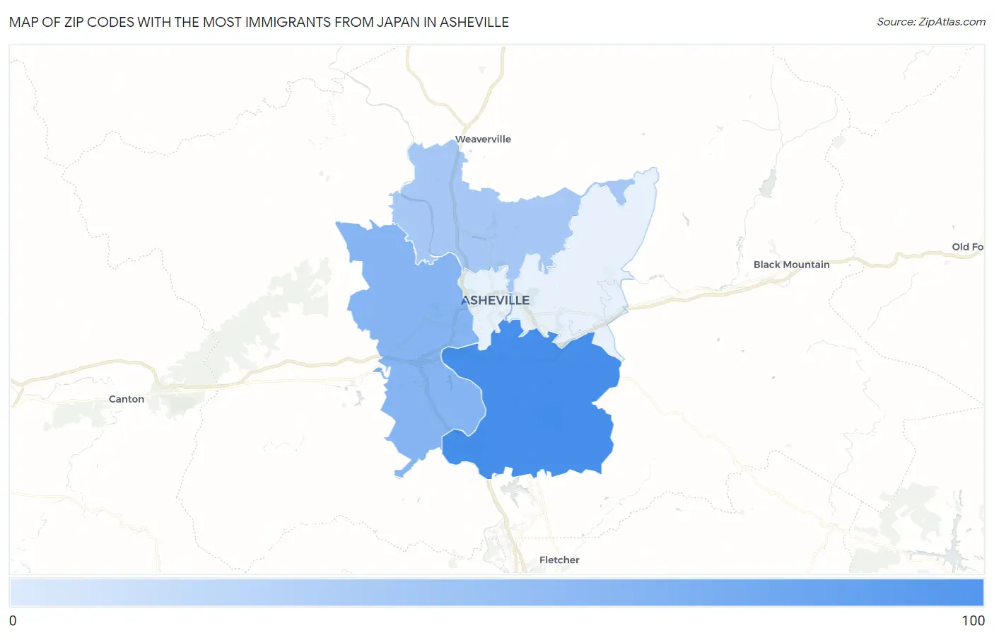 Zip Codes with the Most Immigrants from Japan in Asheville Map