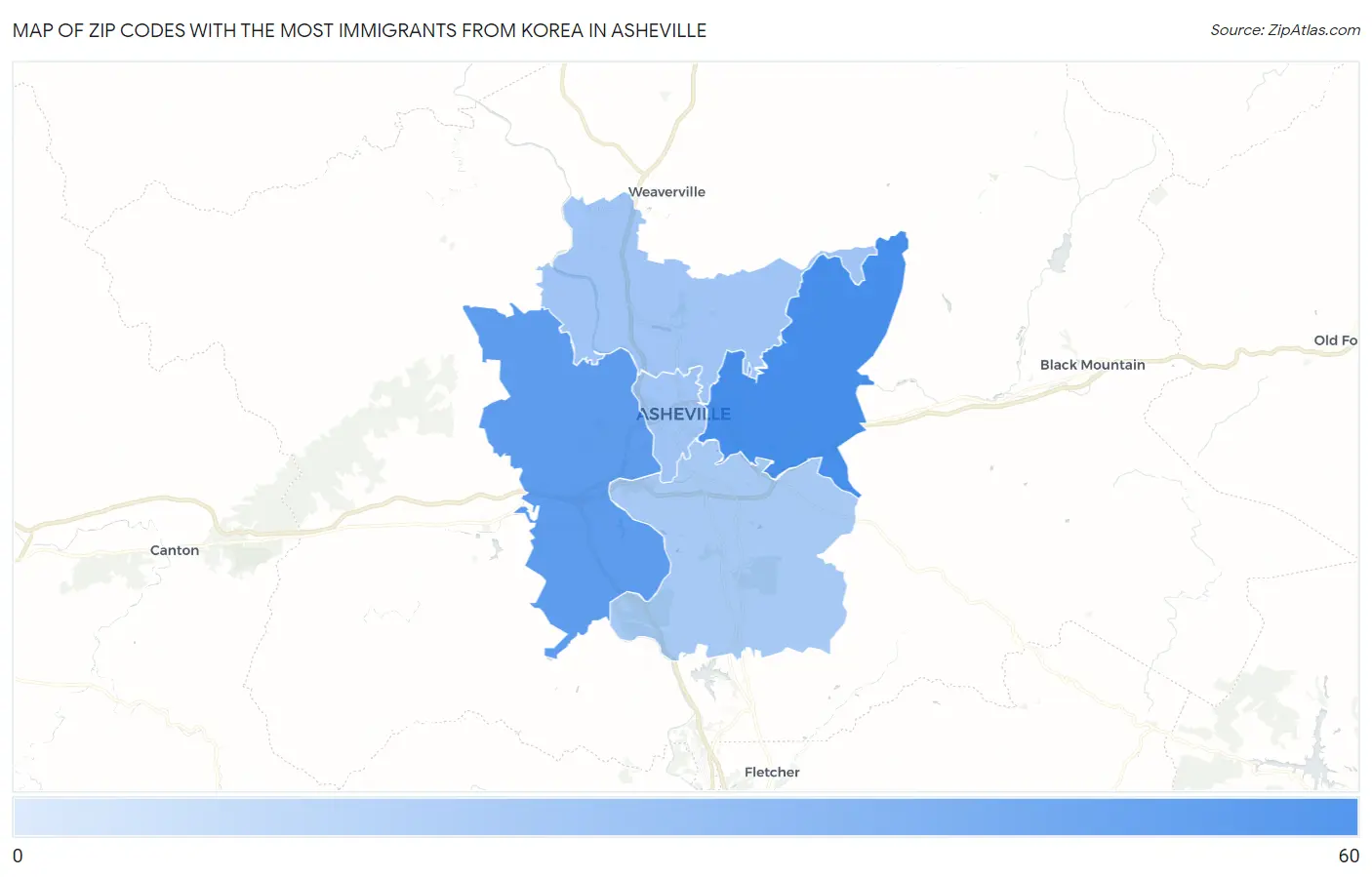 Zip Codes with the Most Immigrants from Korea in Asheville Map