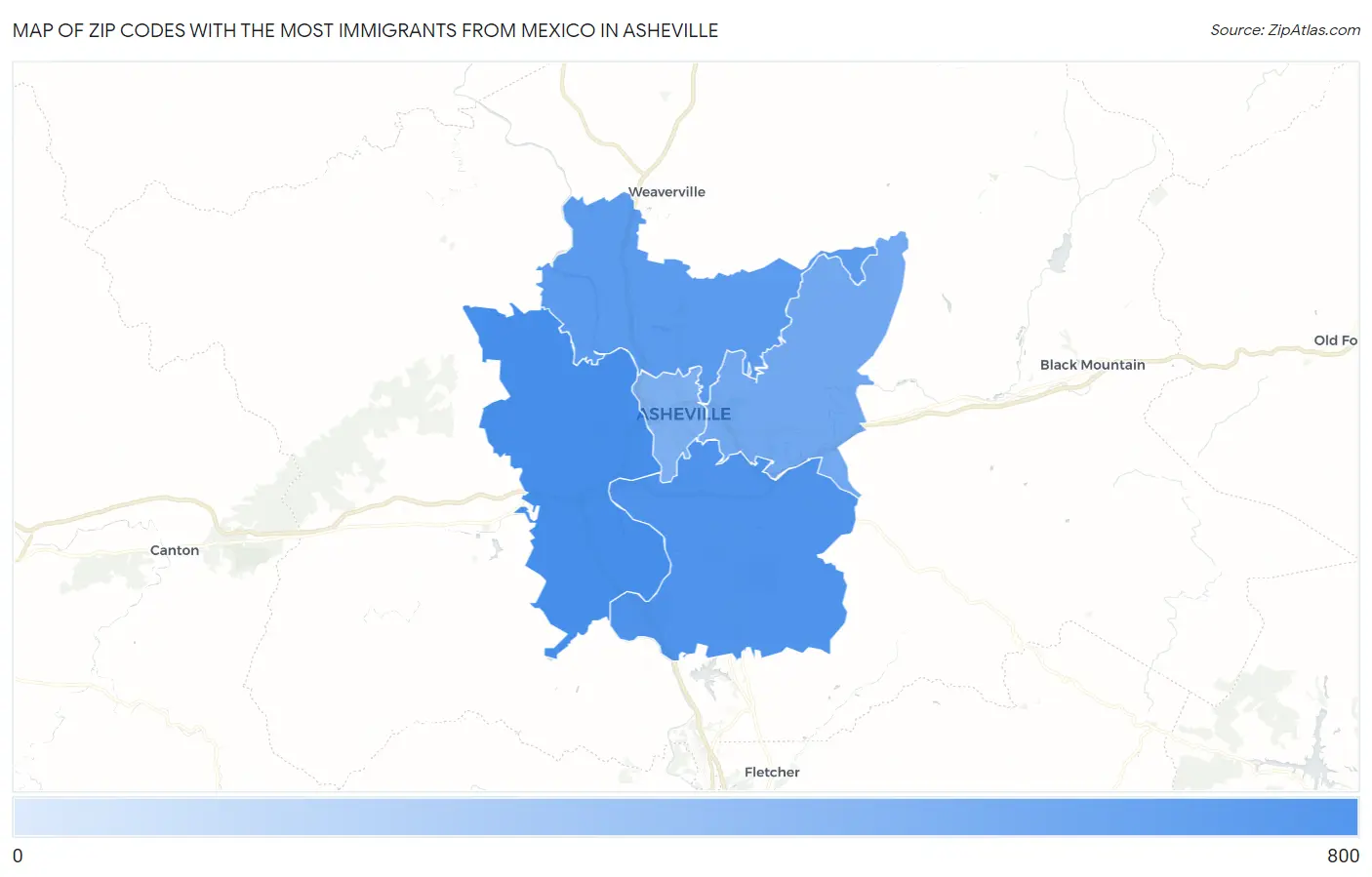 Zip Codes with the Most Immigrants from Mexico in Asheville Map