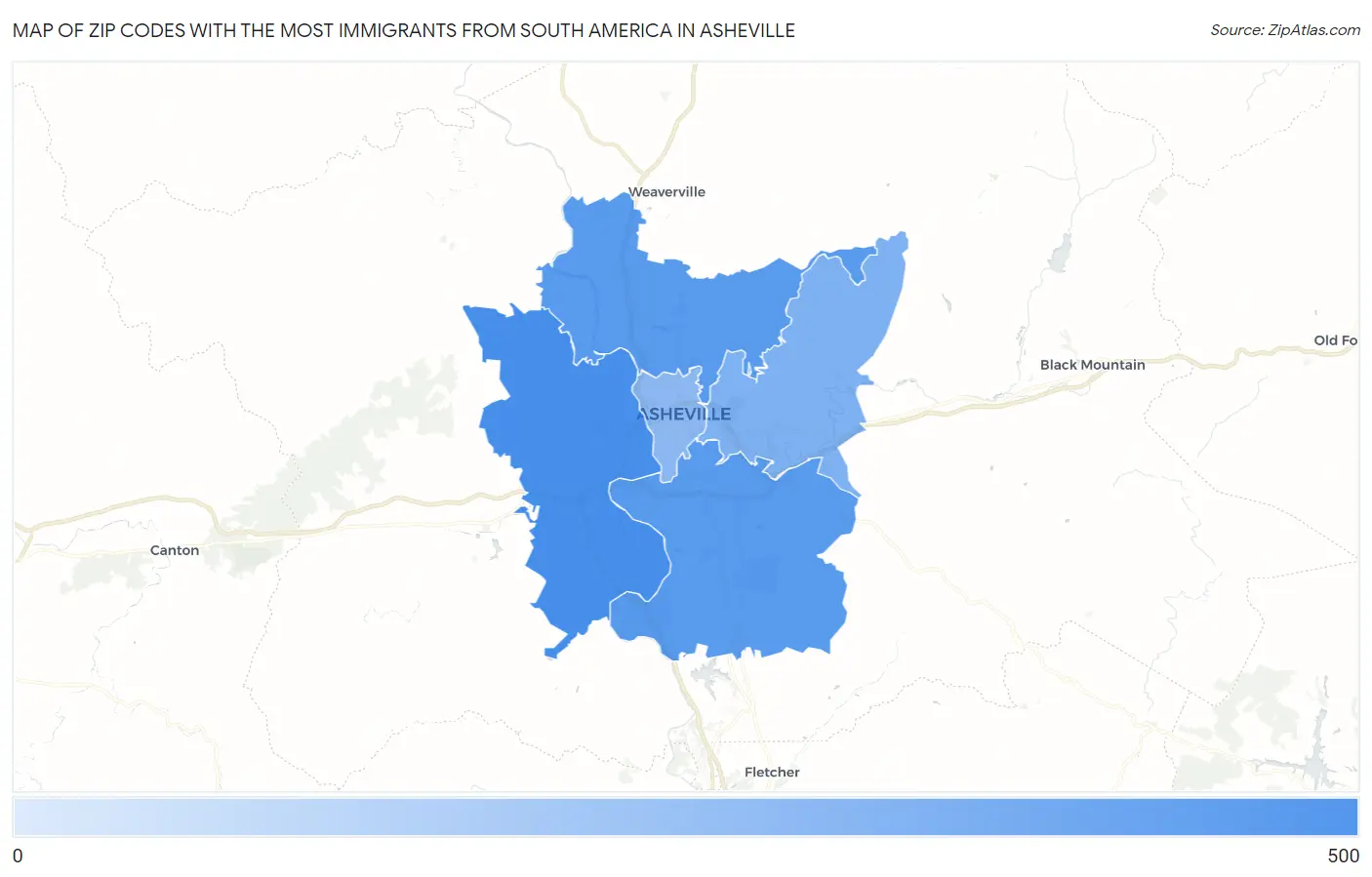 Zip Codes with the Most Immigrants from South America in Asheville Map