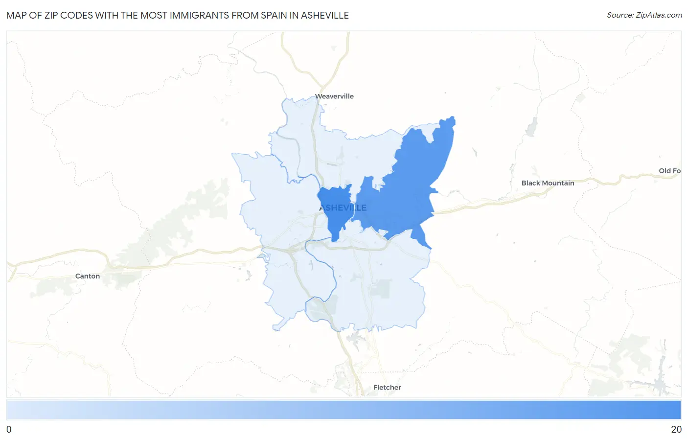 Zip Codes with the Most Immigrants from Spain in Asheville Map