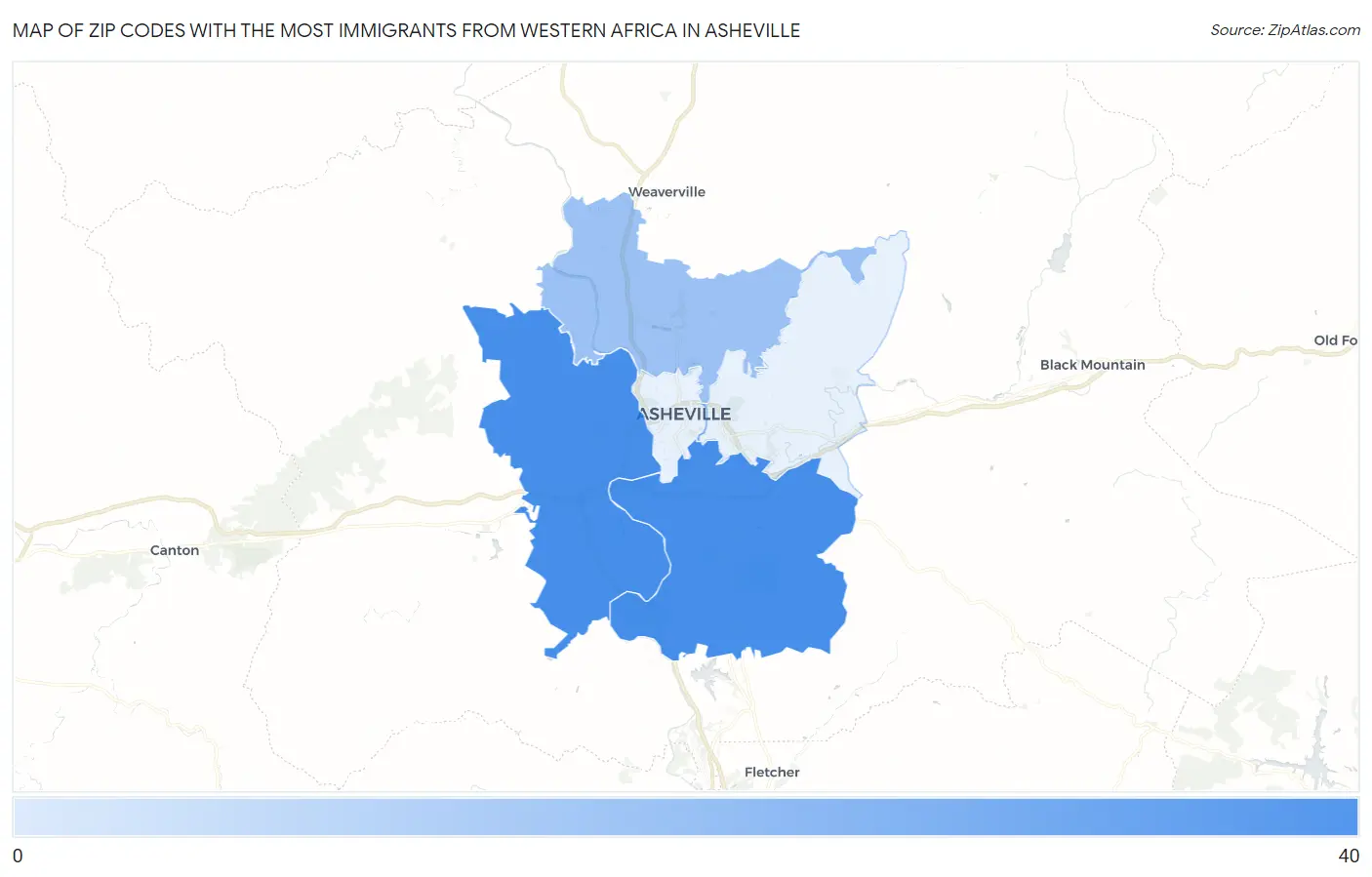 Zip Codes with the Most Immigrants from Western Africa in Asheville Map