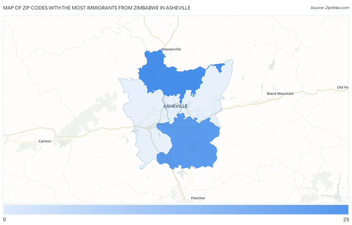 Zip Codes with the Most Immigrants from Zimbabwe in Asheville Map