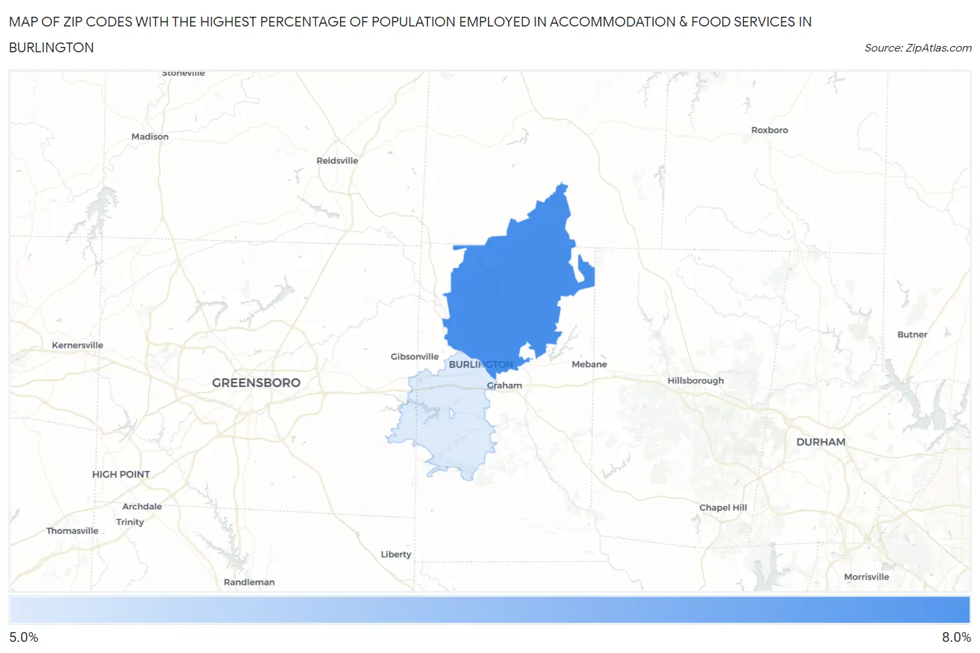 Zip Codes with the Highest Percentage of Population Employed in Accommodation & Food Services in Burlington Map