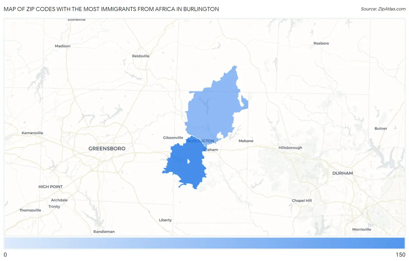 Zip Codes with the Most Immigrants from Africa in Burlington Map