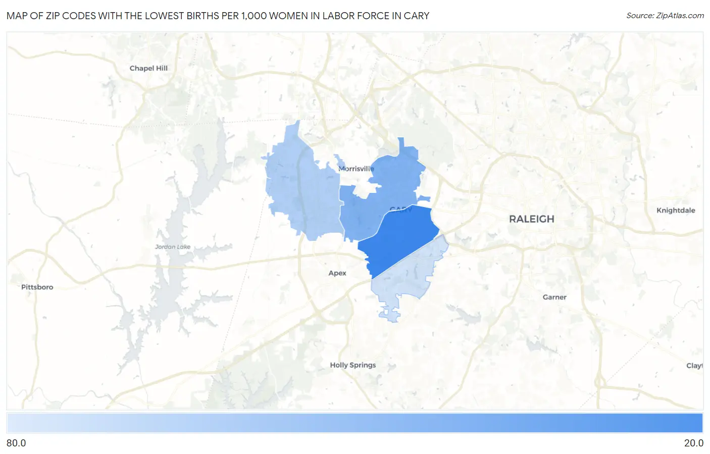 Zip Codes with the Lowest Births per 1,000 Women in Labor Force in Cary Map