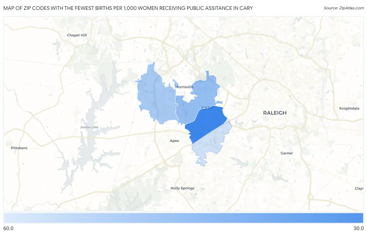 Zip Codes with the Fewest Births per 1,000 Women Receiving Public Assitance in Cary Map