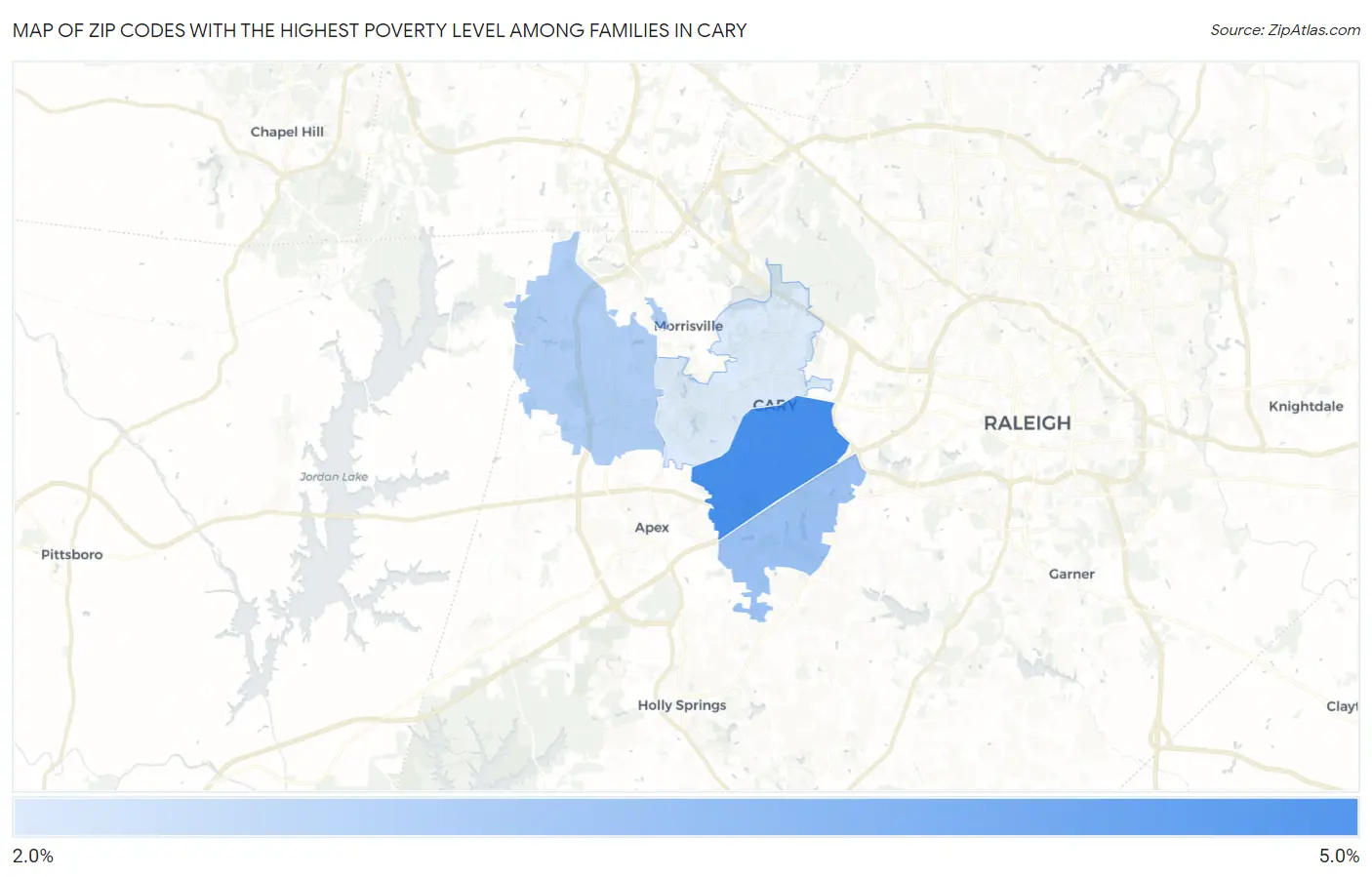 Zip Codes with the Highest Poverty Level Among Families in Cary Map