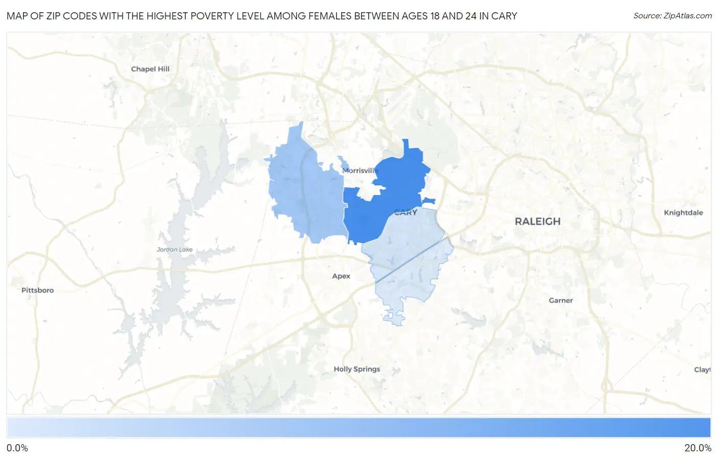 Zip Codes with the Highest Poverty Level Among Females Between Ages 18 and 24 in Cary Map