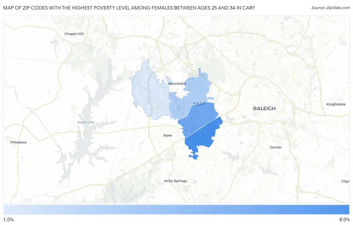 Zip Codes with the Highest Poverty Level Among Females Between Ages 25 and 34 in Cary Map