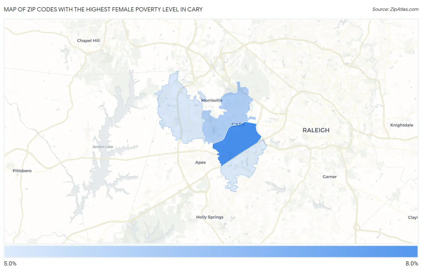 Zip Codes with the Highest Female Poverty Level in Cary Map