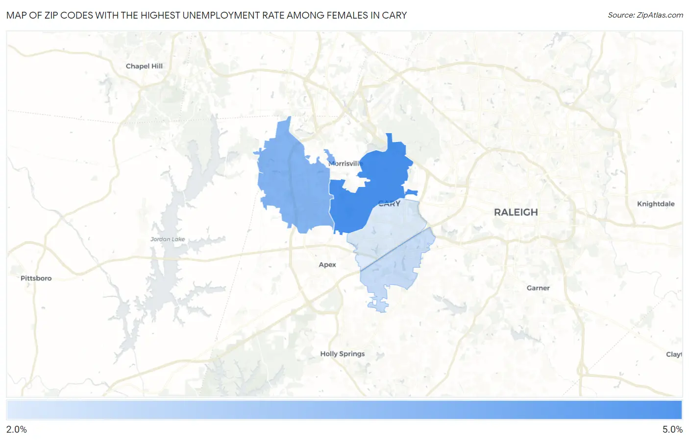 Zip Codes with the Highest Unemployment Rate Among Females in Cary Map