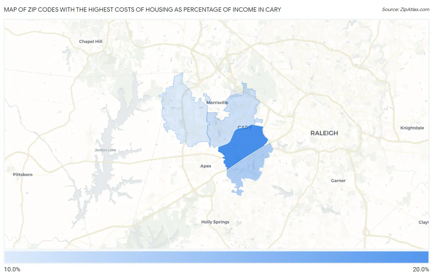 Zip Codes with the Highest Costs of Housing as Percentage of Income in Cary Map