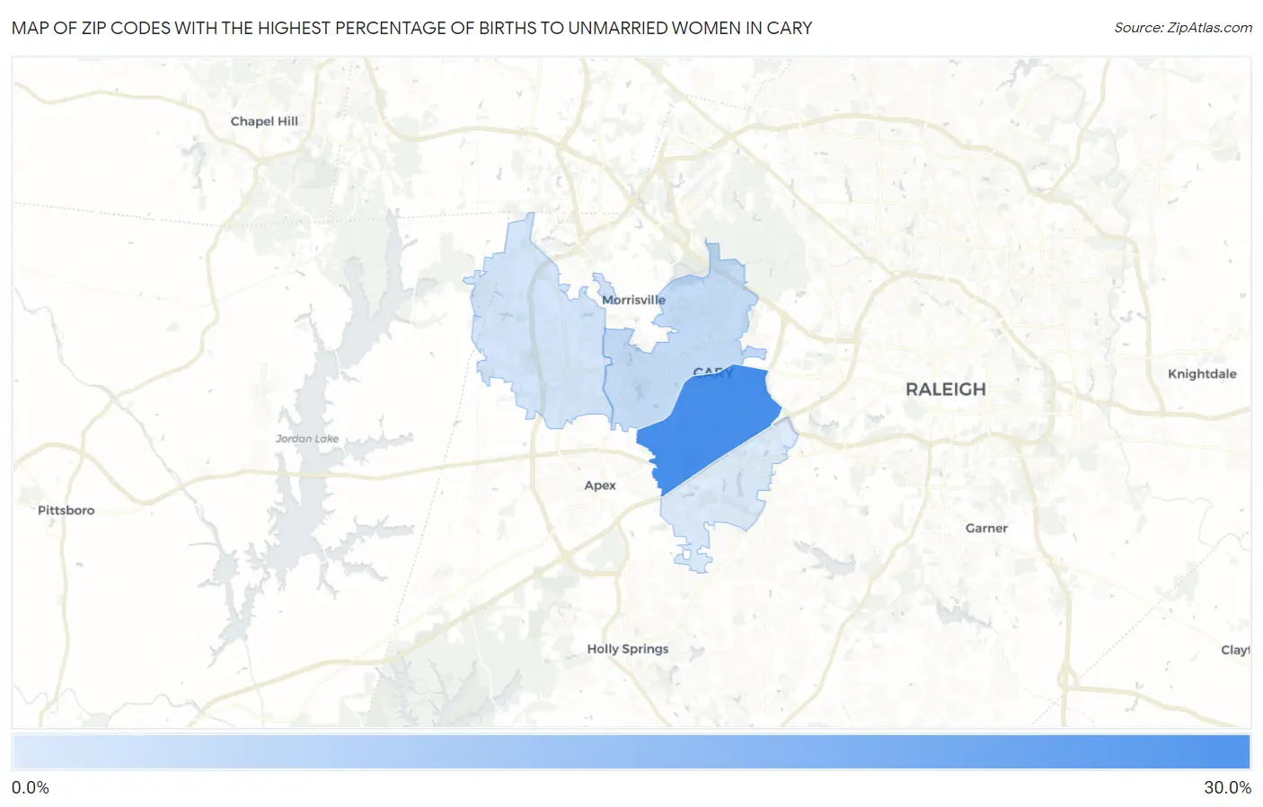 Zip Codes with the Highest Percentage of Births to Unmarried Women in Cary Map