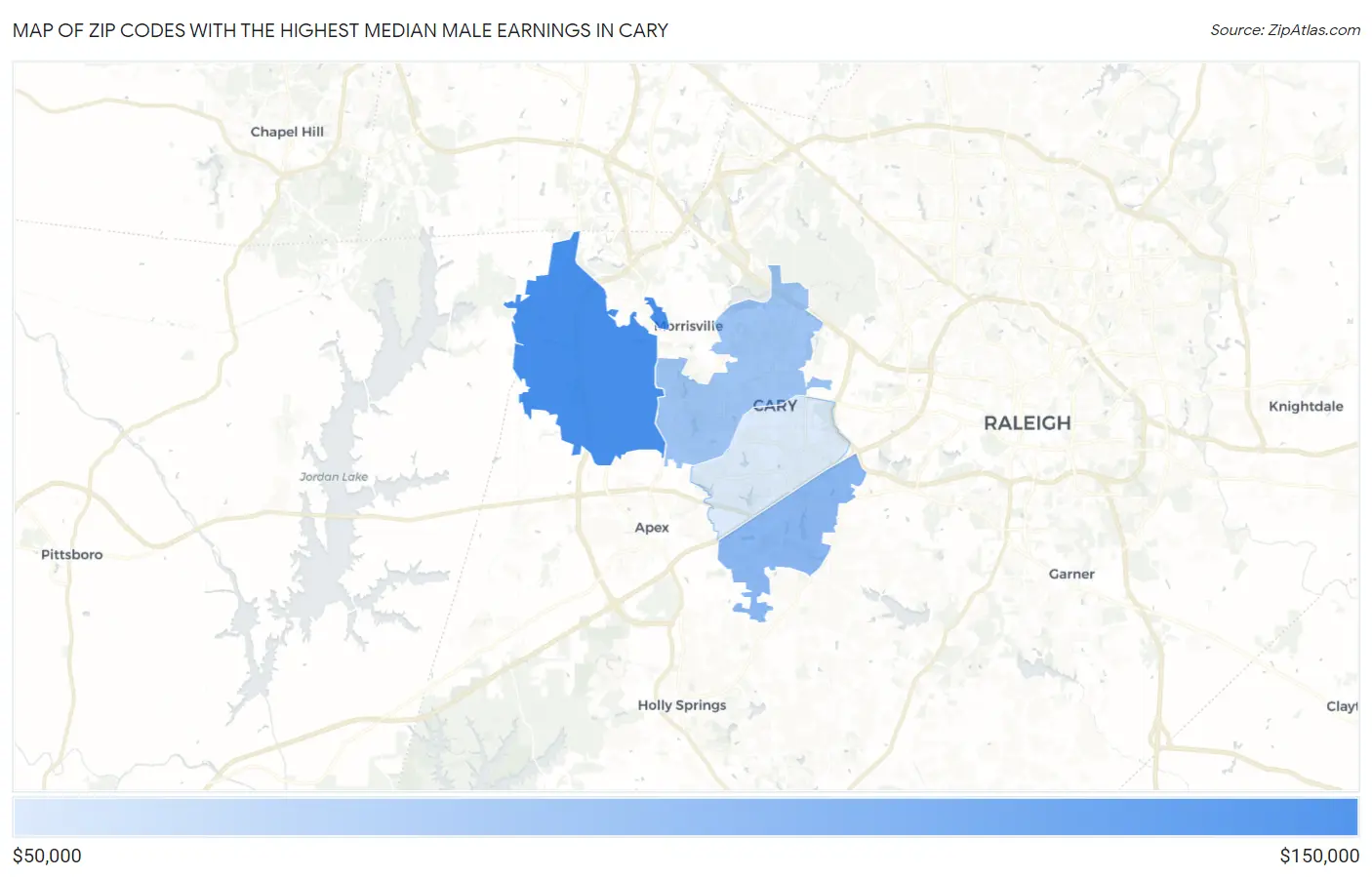 Zip Codes with the Highest Median Male Earnings in Cary Map