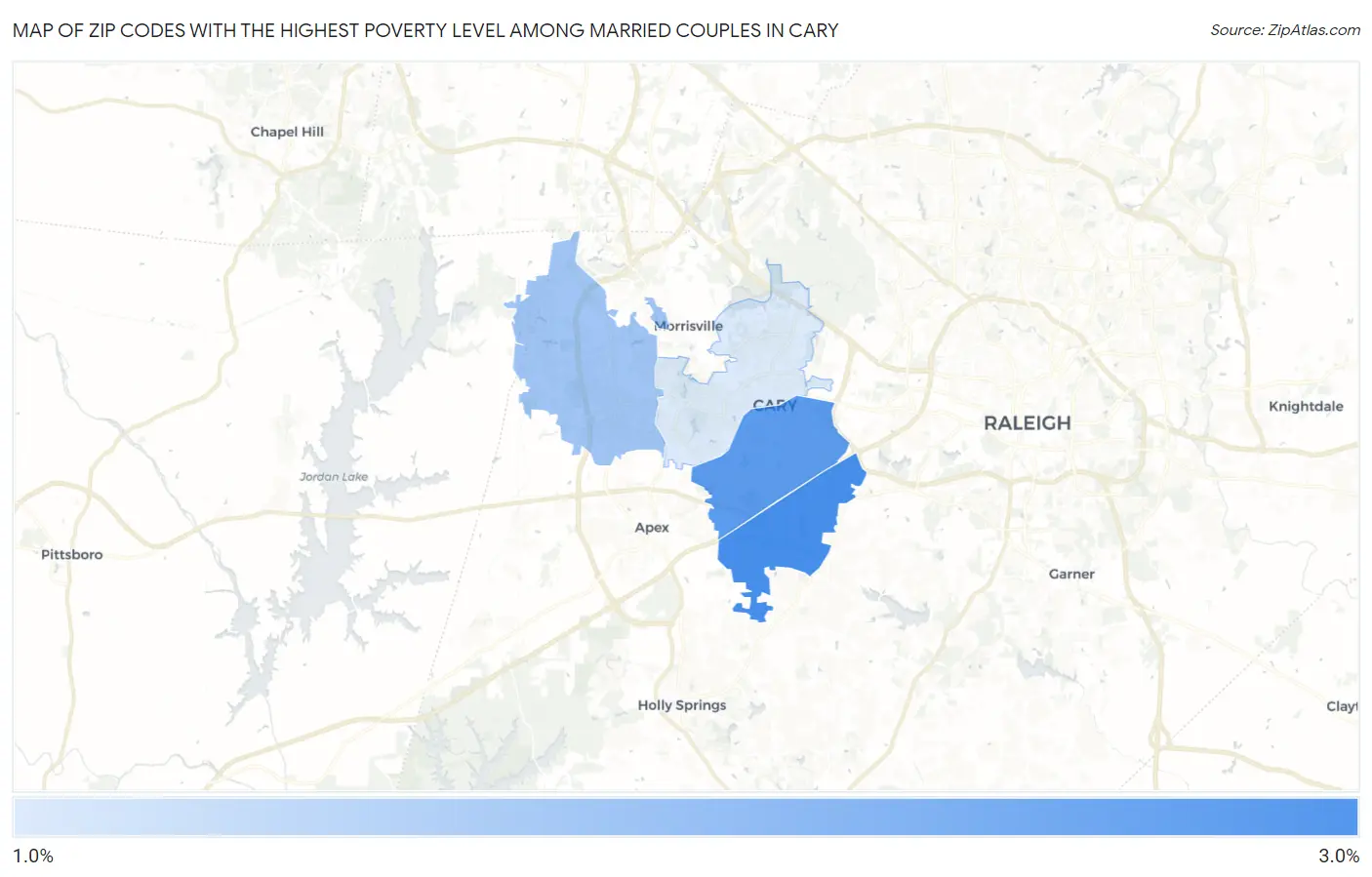 Zip Codes with the Highest Poverty Level Among Married Couples in Cary Map