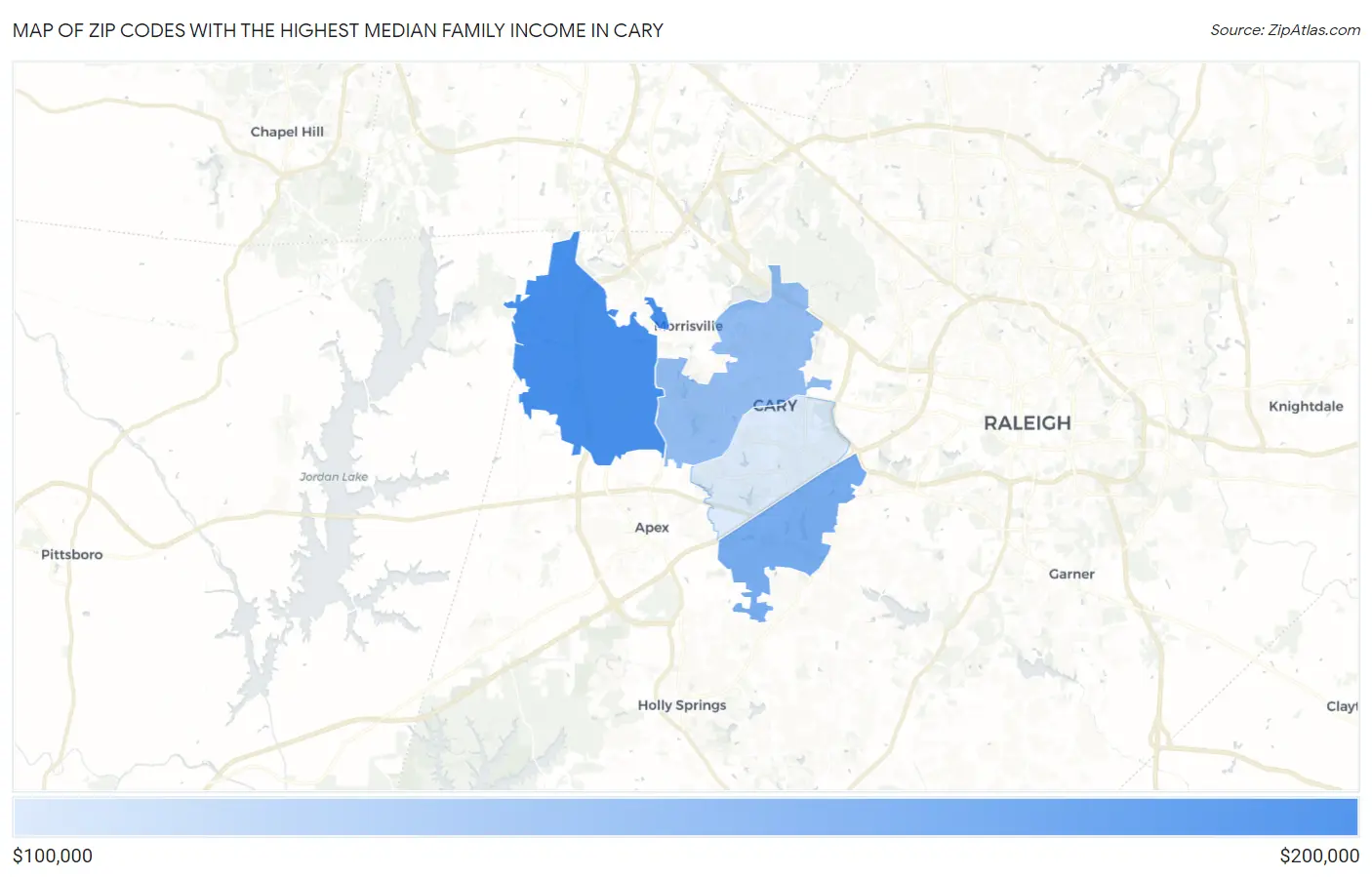 Zip Codes with the Highest Median Family Income in Cary Map