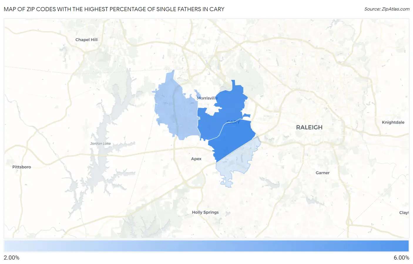 Zip Codes with the Highest Percentage of Single Fathers in Cary Map