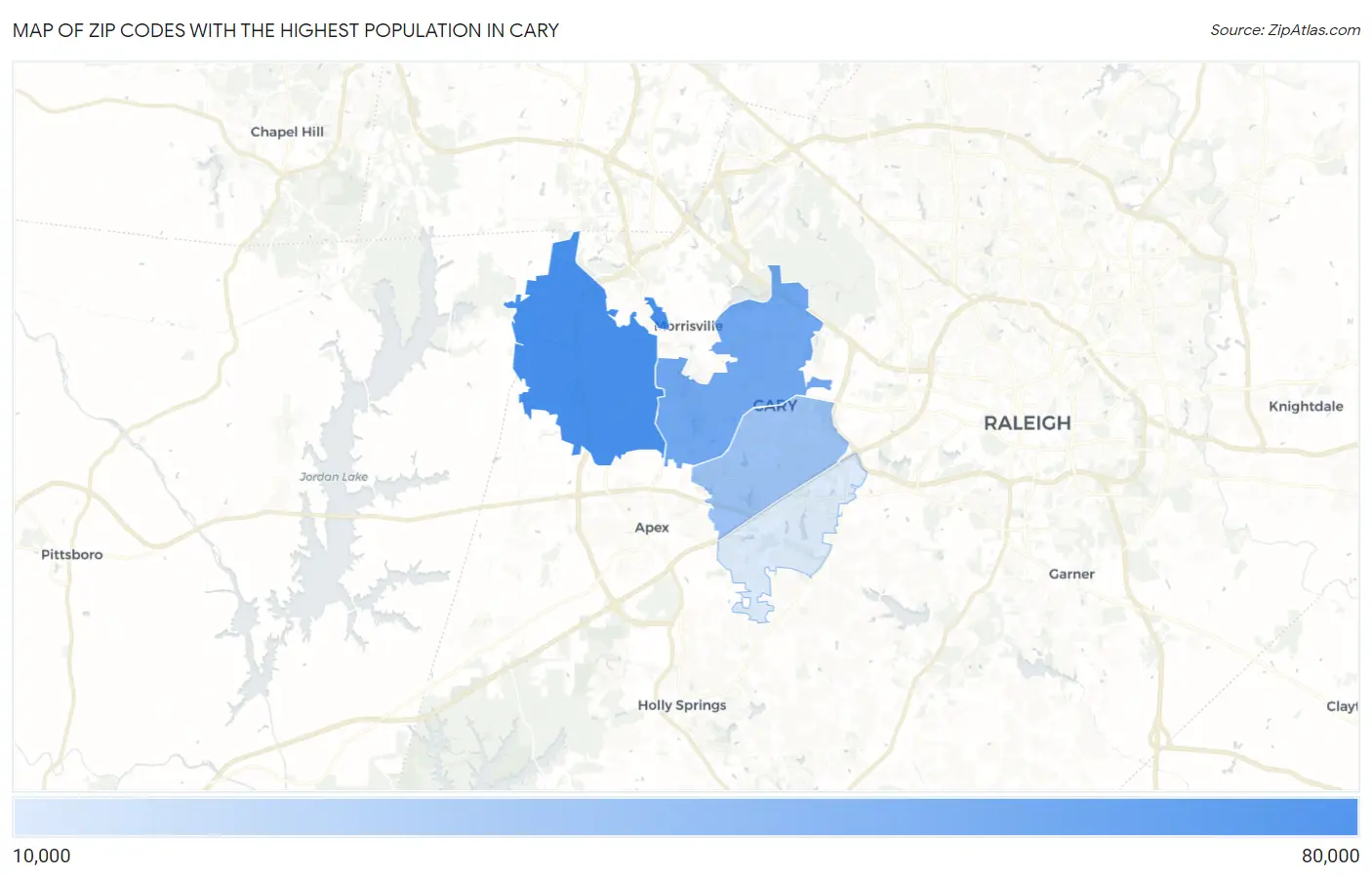 Zip Codes with the Highest Population in Cary Map