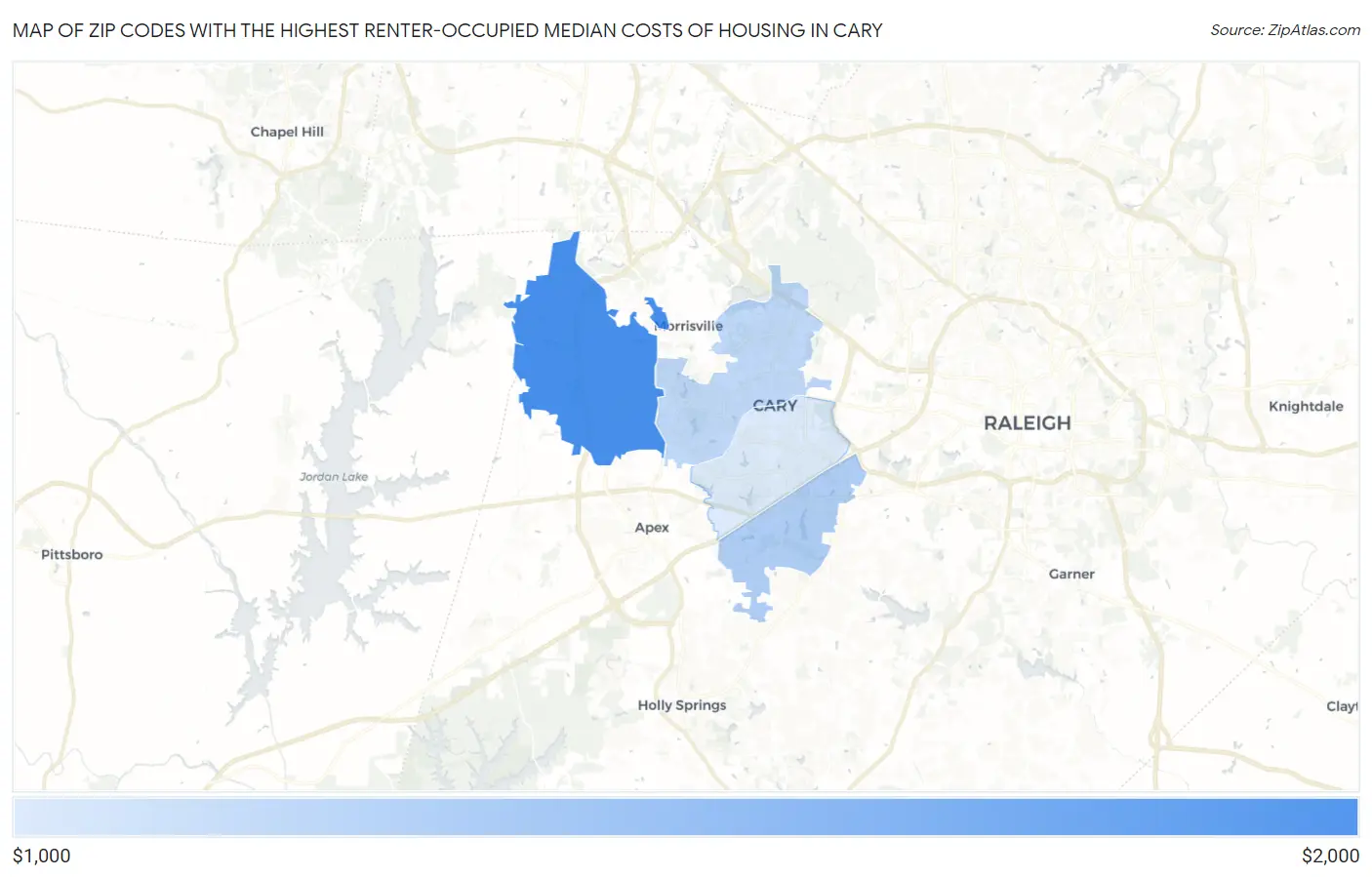 Zip Codes with the Highest Renter-Occupied Median Costs of Housing in Cary Map