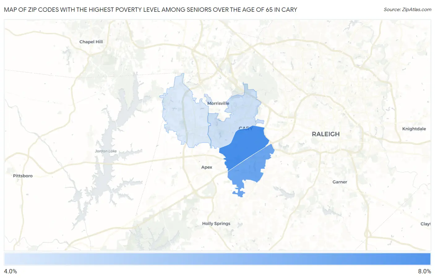 Zip Codes with the Highest Poverty Level Among Seniors Over the Age of 65 in Cary Map