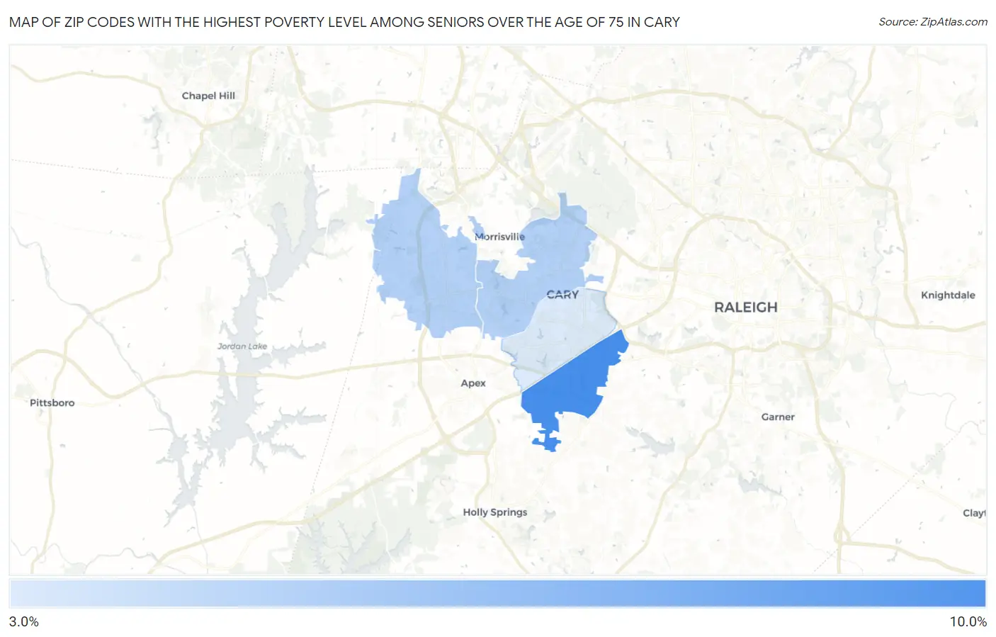 Zip Codes with the Highest Poverty Level Among Seniors Over the Age of 75 in Cary Map