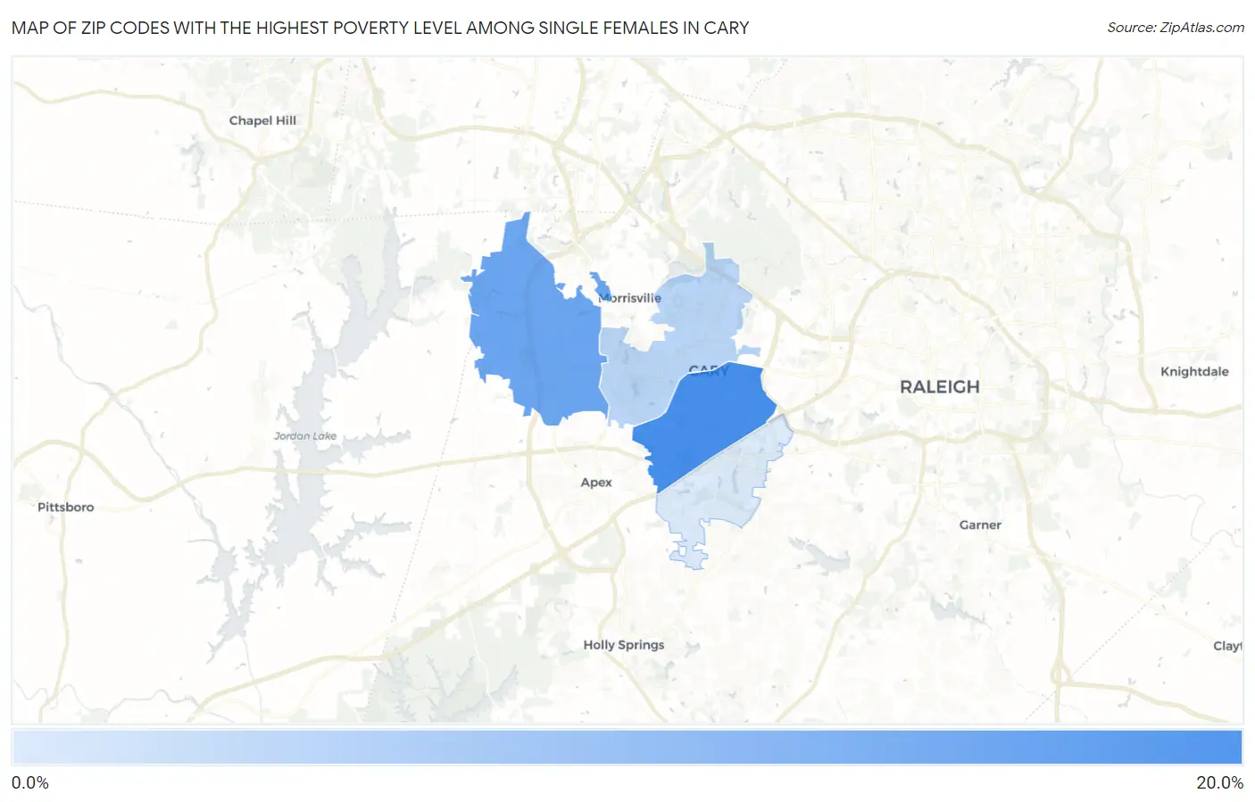 Zip Codes with the Highest Poverty Level Among Single Females in Cary Map