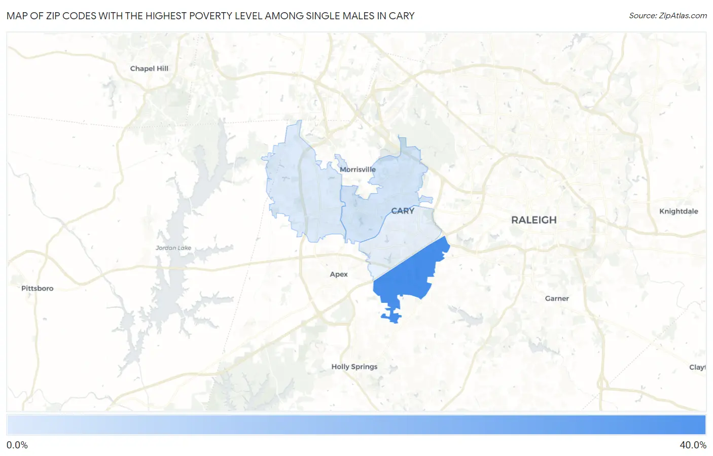 Zip Codes with the Highest Poverty Level Among Single Males in Cary Map