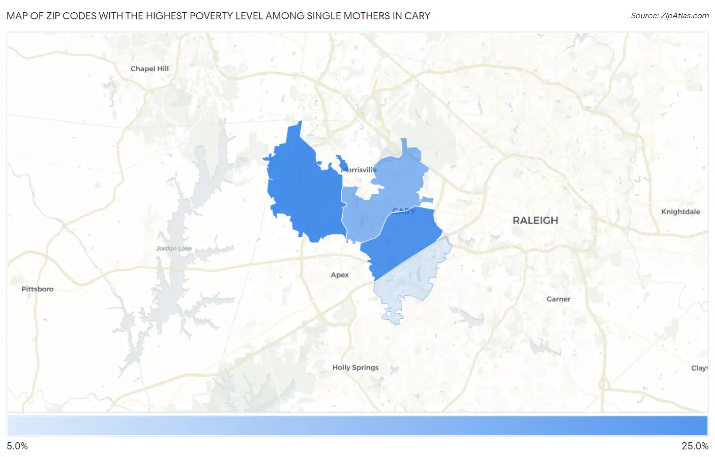 Zip Codes with the Highest Poverty Level Among Single Mothers in Cary Map
