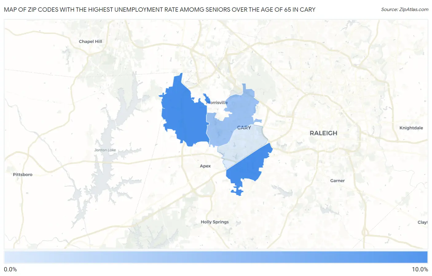 Zip Codes with the Highest Unemployment Rate Amomg Seniors Over the Age of 65 in Cary Map