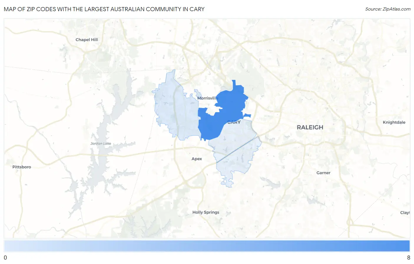Zip Codes with the Largest Australian Community in Cary Map