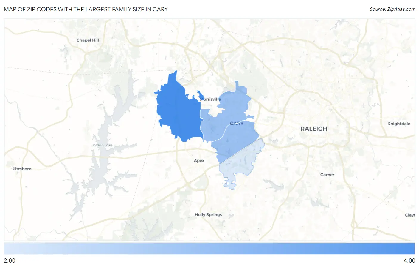 Zip Codes with the Largest Family Size in Cary Map