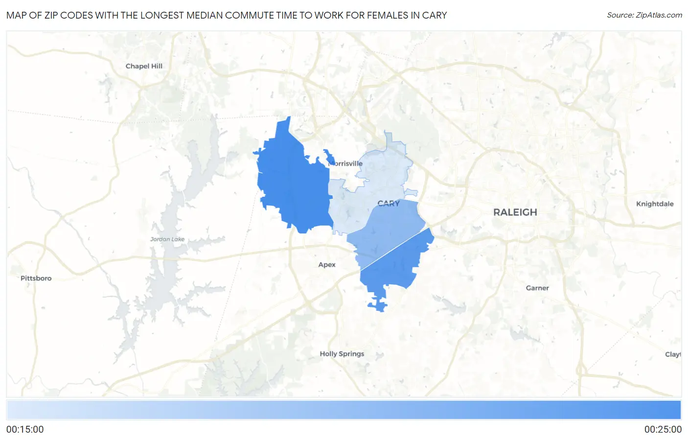 Zip Codes with the Longest Median Commute Time to Work for Females in Cary Map