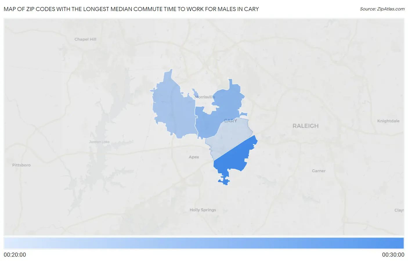 Zip Codes with the Longest Median Commute Time to Work for Males in Cary Map