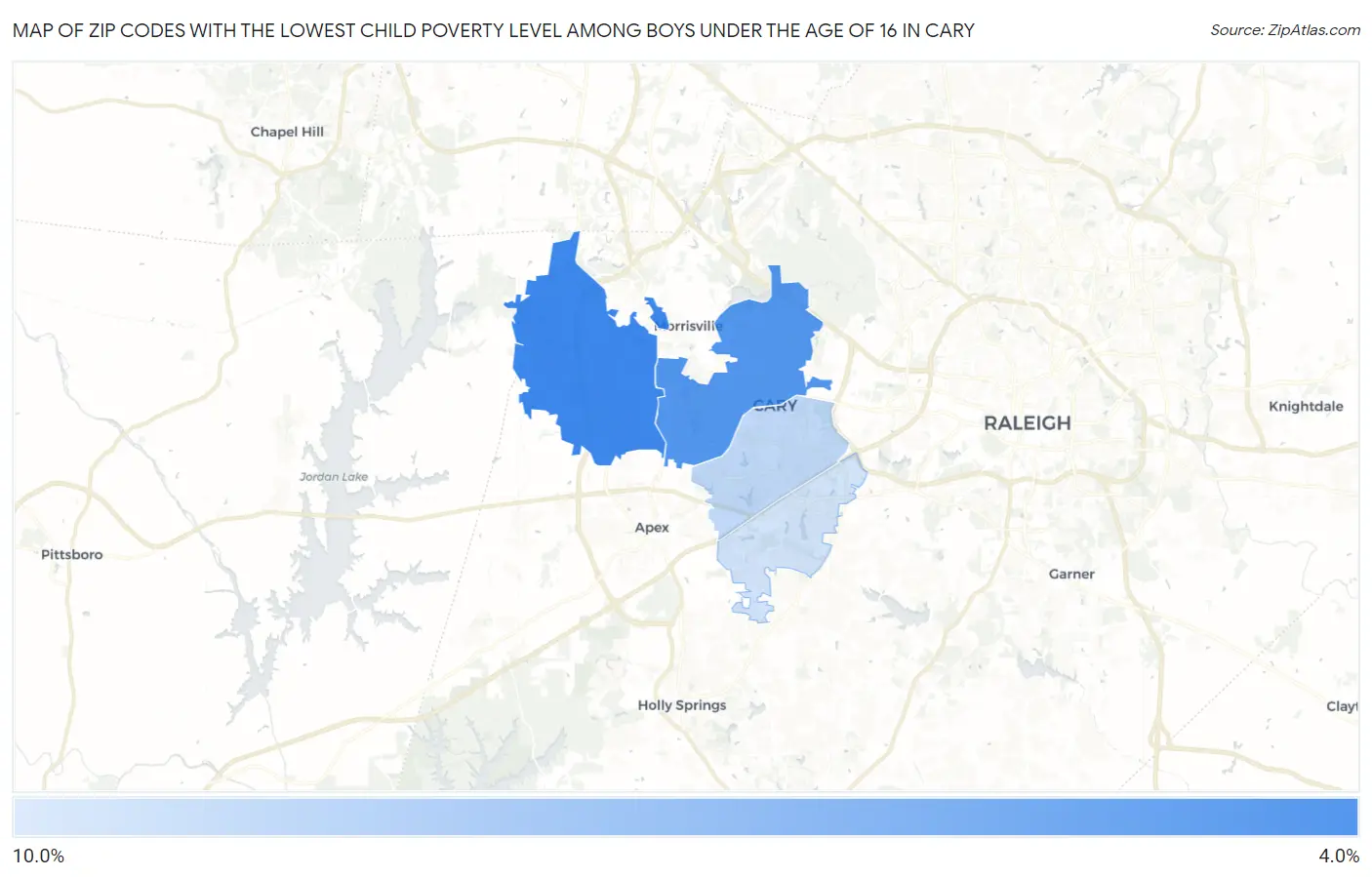 Zip Codes with the Lowest Child Poverty Level Among Boys Under the Age of 16 in Cary Map