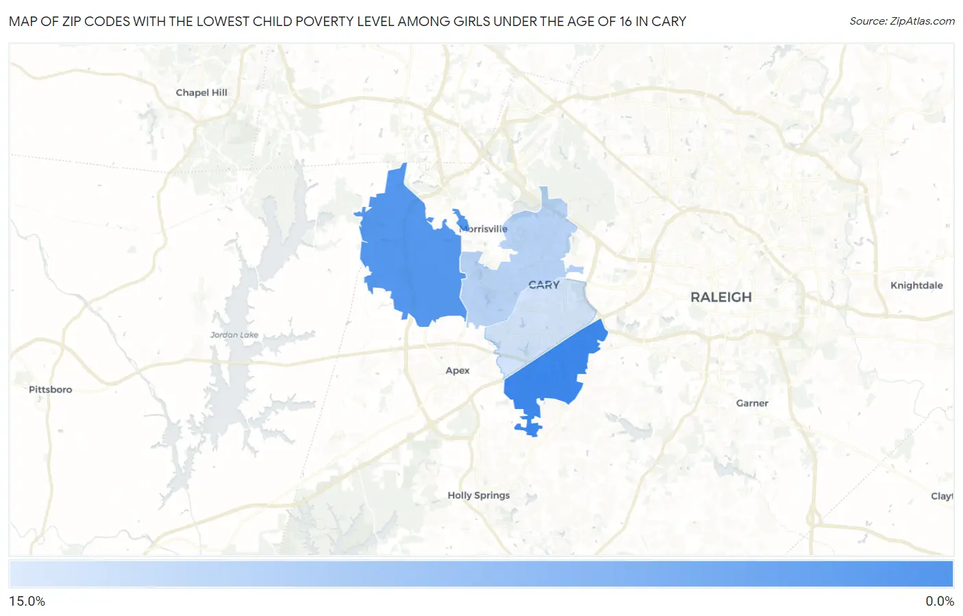 Zip Codes with the Lowest Child Poverty Level Among Girls Under the Age of 16 in Cary Map