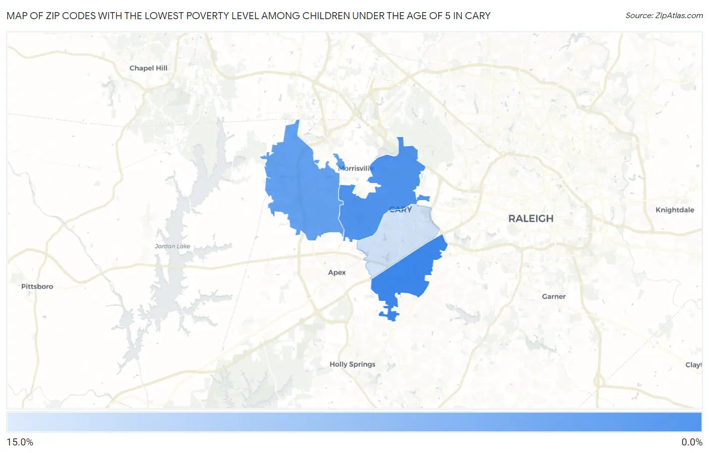 Zip Codes with the Lowest Poverty Level Among Children Under the Age of 5 in Cary Map