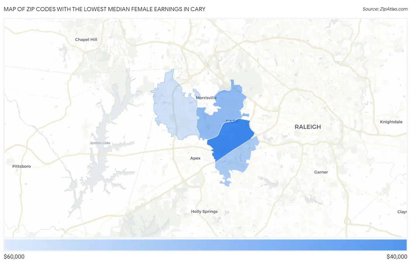 Zip Codes with the Lowest Median Female Earnings in Cary Map