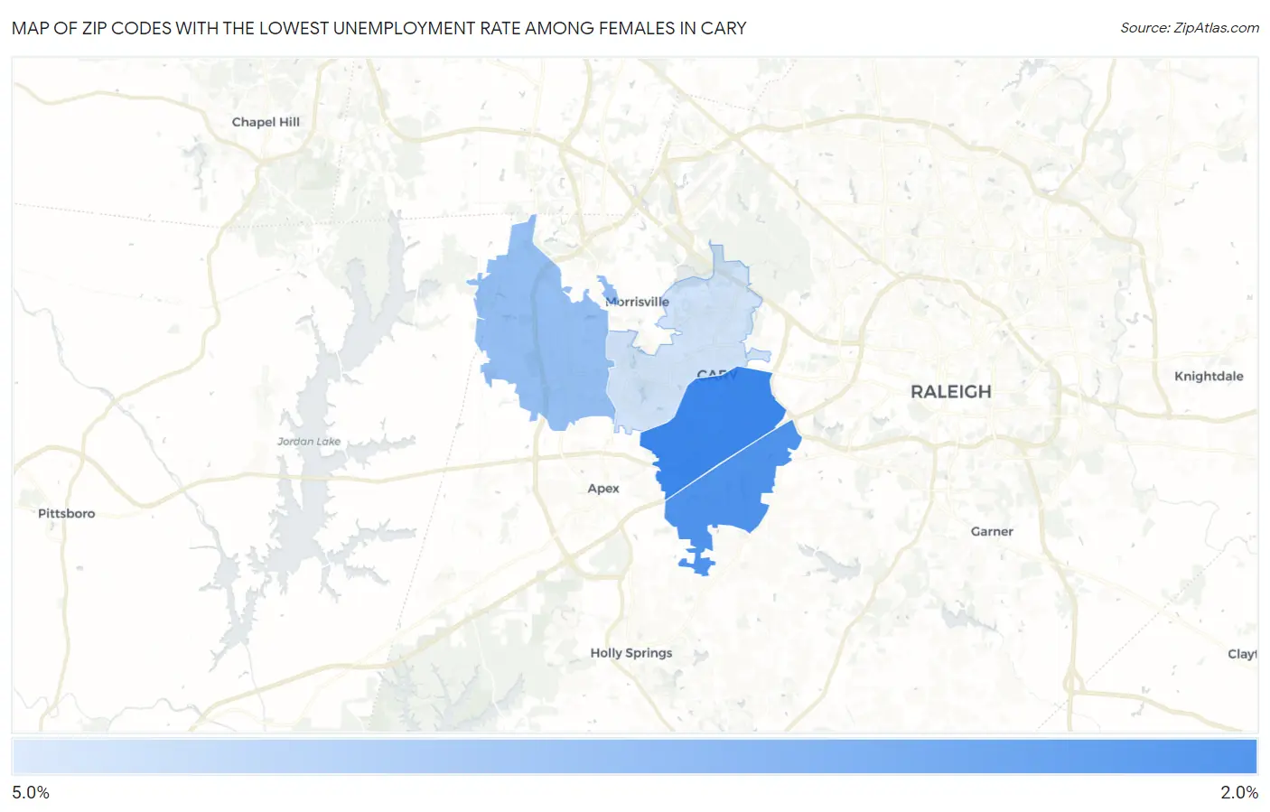 Zip Codes with the Lowest Unemployment Rate Among Females in Cary Map