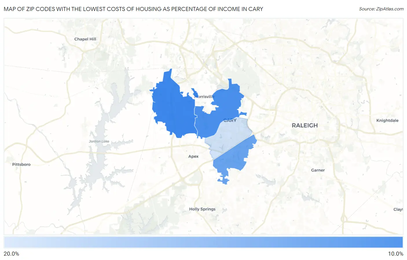 Zip Codes with the Lowest Costs of Housing as Percentage of Income in Cary Map