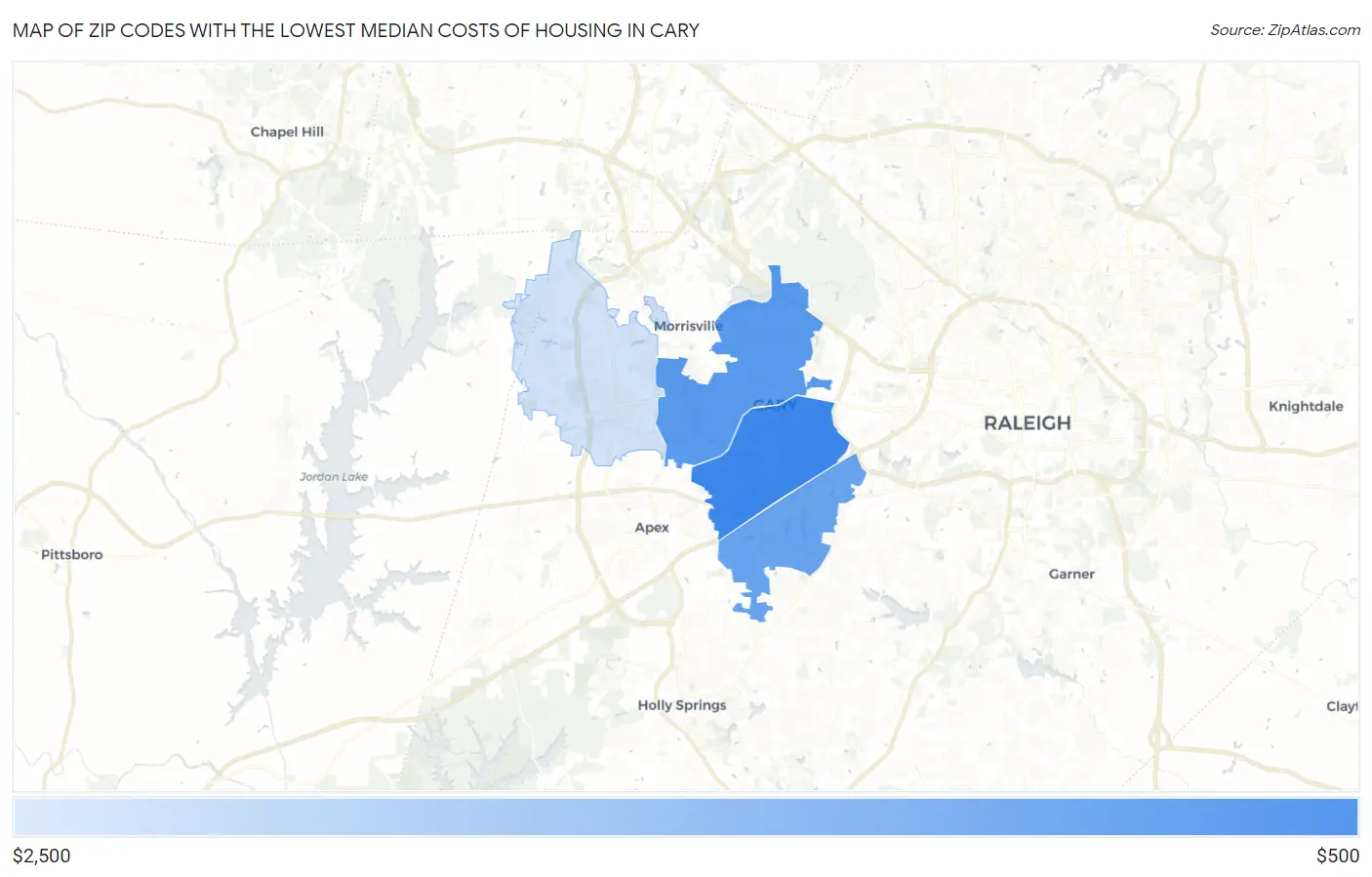 Zip Codes with the Lowest Median Costs of Housing in Cary Map